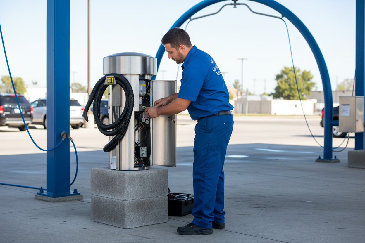 J.E. Adams vacuum on concrete block with service technician